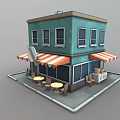 Cartoon Style Teal Colored Two Story Building With Orange White Striped Awning And Tables Chairs