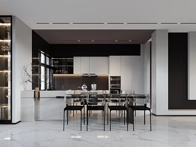 Modern Duplex Living Room Interior Design With Marble Floor And Black Dining Chairs 3d model