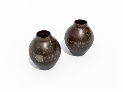 Two Dark Brown Ceramic Vases With Intricate Gold Dot Patterns On White Background 3d model