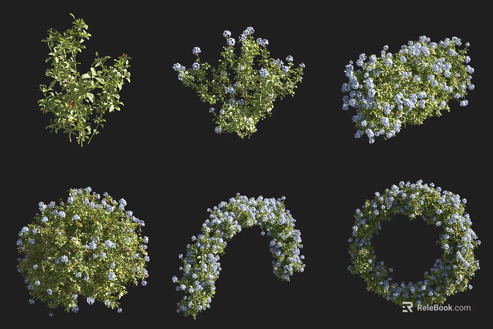 Various Types of Shrubs with Green Leaves and White Purple Flowers in Different Shapes 3d model 