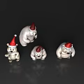 Four White Polar Bear Figurines Wearing Santa Hats On Black Background With Reflections