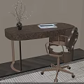 Luxury Retro Burl Wood Home Office Desk With Stylish Rattan Back Office Chair