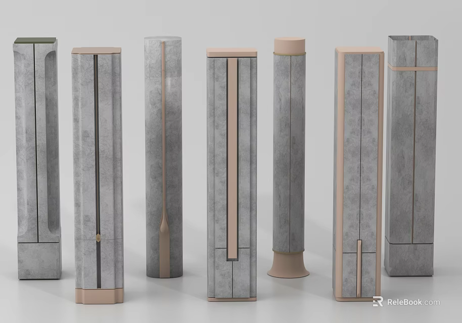 Diverse Modern Concrete Columns With Gray Finish And Metallic Accent Stripes 3d model 