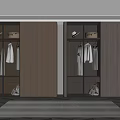 Modern Wooden Wardrobe Interior With Hanging Clothes Storage Baskets And Lighting