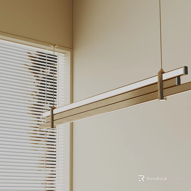 Modern Minimalist Linear Pendant Light With White Blinds And Beige Wall Interior 3d model 