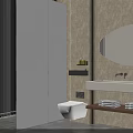 Modern Bathroom Sink Vanity with Oval Mirror Tiled Walls and Folded Towels