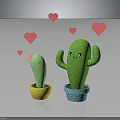 Cartoon Cacti With Smiling Faces In Colorful Patterned Pots And Pink Hearts Around