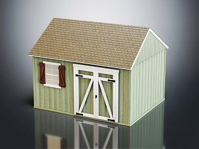 Wooden House With Green Siding Brown Roof Window Shutters And Double Doors 3d model