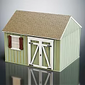 Wooden House With Green Siding Brown Roof Window Shutters And Double Doors