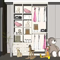 Organized Kids Wardrobe With Stuffed Rabbit Toys Pink Storage Bags And Hanging Dresses