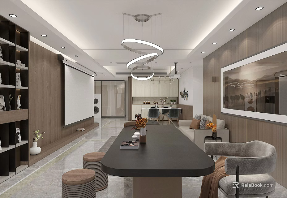 Modern Open Plan Living And Dining Room With Unique Lighting And Elegant Warm Interior Design 3d model 