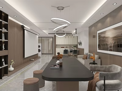 Modern Open Plan Living And Dining Room With Unique Lighting And Elegant Warm Interior Design 3d model