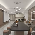 Modern Open Plan Living And Dining Room With Unique Lighting And Elegant Warm Interior Design