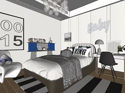 Modern Kids Room Interior With Bed Chandelier Striped Rug Desk Chair And Wall Art 3d model