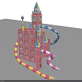 Castle Shaped Pink Playground Equipment with Multiple Colorful Slides Spires and Clock Tower