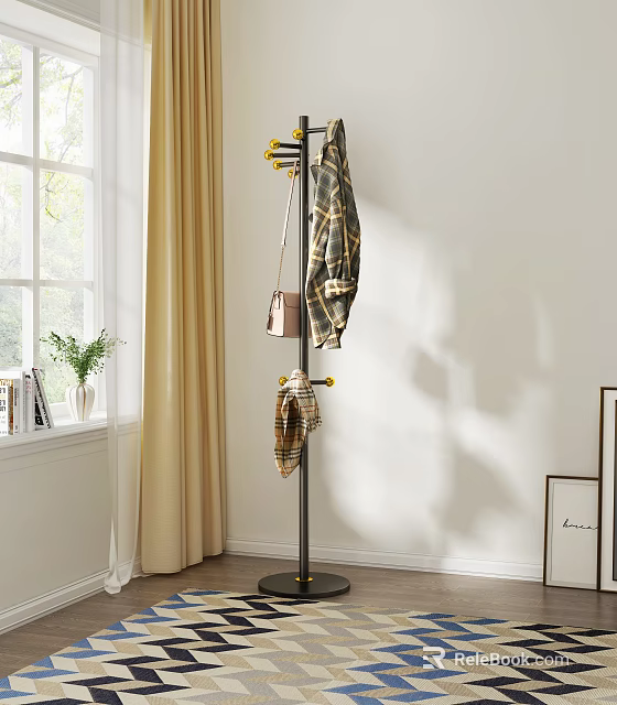 Elegant Metal Coat Rack With Plaid Scarf Handbag Near Window Curtain Potted Plant 3d model 