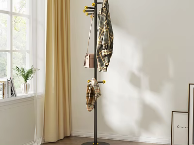 Elegant Metal Coat Rack With Plaid Scarf Handbag Near Window Curtain Potted Plant 3d model
