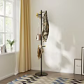 Elegant Metal Coat Rack With Plaid Scarf Handbag Near Window Curtain Potted Plant