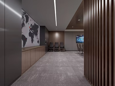 Modern Conference Room With World Map Wooden Wall Gray Carpet Seats And TV Screen 3d model