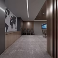 Modern Conference Room With World Map Wooden Wall Gray Carpet Seats And TV Screen
