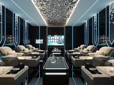 Modern SPA Sauna Interior With Recliners Plants And Ambient Lighting 3d model