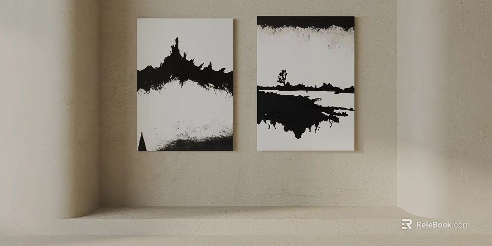 Black And White Abstract Paintings On Beige Wall With Landscape Elements 3d model
