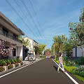 Modern Garden Landscape With Street Trees Flowers Car And Pedestrians Near Buildings