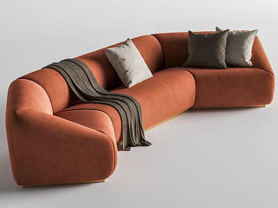 Stylish Modern Orange Curved Sectional Sofa With Throw Blanket And Pillows 3d model