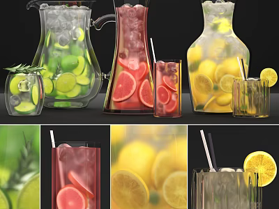 Refreshing Drinks With Ice Cubes Lemon Lime Grapefruit Slices Glass Pitchers Glasses And Straws 3d model