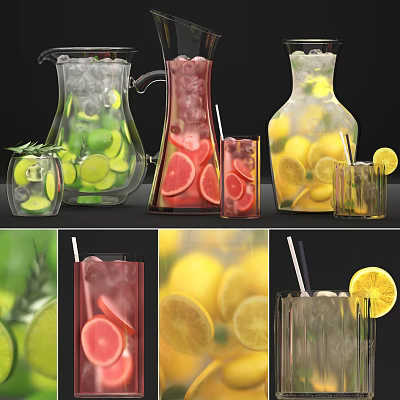 Refreshing Drinks With Ice Cubes Lemon Lime Grapefruit Slices Glass Pitchers Glasses And Straws 3d model