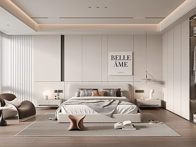 Modern Minimalist Bedroom Interior With Bed Pillows Blanket Nightstands Lamps Artwork And Wooden Flooring 3d model