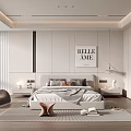 Modern Minimalist Bedroom Interior With Bed Pillows Blanket Nightstands Lamps Artwork And Wooden Flooring