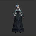 Elegant Fantasy Character with White Long Hair Blue Headdress and Layered Teal Dress