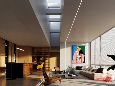 Modern Dining and Living Room Interior With Skylight Sofa Colorful Artwork And Large Windows 3d model