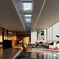 Modern Dining and Living Room Interior With Skylight Sofa Colorful Artwork And Large Windows