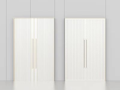 Modern Minimalist White Double Doors Featuring Vertical Stripes and Long Bar Handles on White Wall 3d model