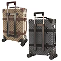 Stylish Patterned Suitcases with Dark and Beige Designs Leather Straps Metal Buckles and Rolling Wheels