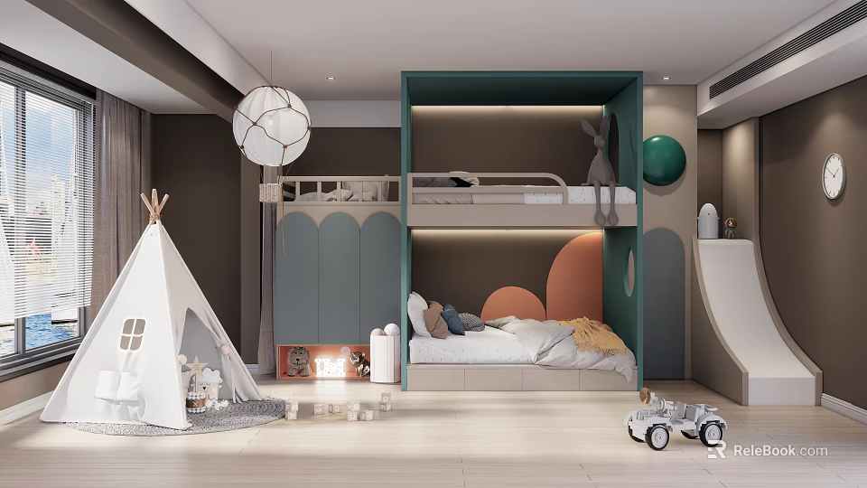 Kids Bedroom Interior With Bunk Bed Slide Teepee Tent And Circular Wall Decor 3d model 