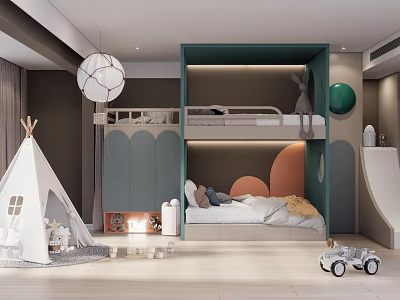 Kids Bedroom Interior With Bunk Bed Slide Teepee Tent And Circular Wall Decor 3d model