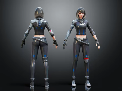 Futuristic Female Sci-Fi Characters And Alien Creature In Cyber Battle Suits Design 3d model