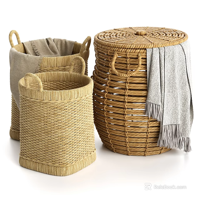 Woven Rattan Storage Baskets for Blanket Storage and Home Decor 3d model 