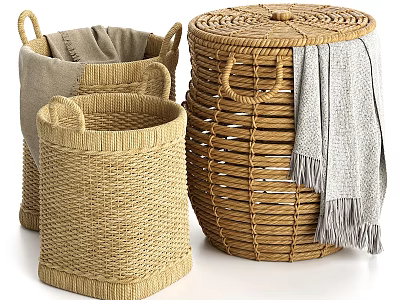 Woven Rattan Storage Baskets for Blanket Storage and Home Decor 3d model