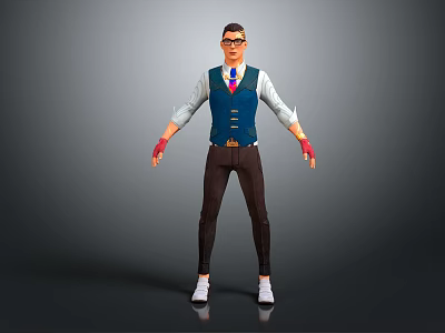 3D Male Character In Blue Vest White Shirt Red Gloves Brown Pants Standing With Glasses 3d model
