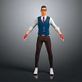 3D Male Character In Blue Vest White Shirt Red Gloves Brown Pants Standing With Glasses