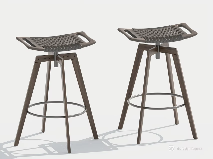 Two Modern Wooden Bar Stools With Slatted Backrest And Metal Ring Base 3d model 