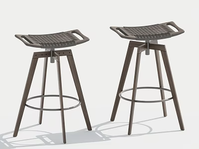 Two Modern Wooden Bar Stools With Slatted Backrest And Metal Ring Base 3d model