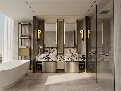 Modern Bathroom Interior With Marble Countertop Bathtub Mirrored Walls And Elegant Lighting Fixtures 3d model