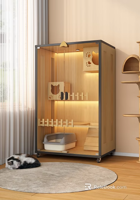 Wooden Pet Crate For Cats With Interior Paw Print Design And Litter Box 3d model 
