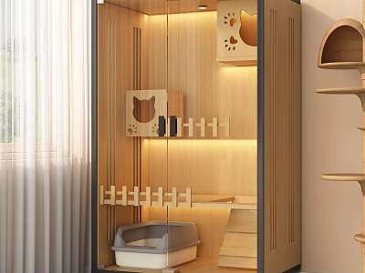 Wooden Pet Crate For Cats With Interior Paw Print Design And Litter Box 3d model