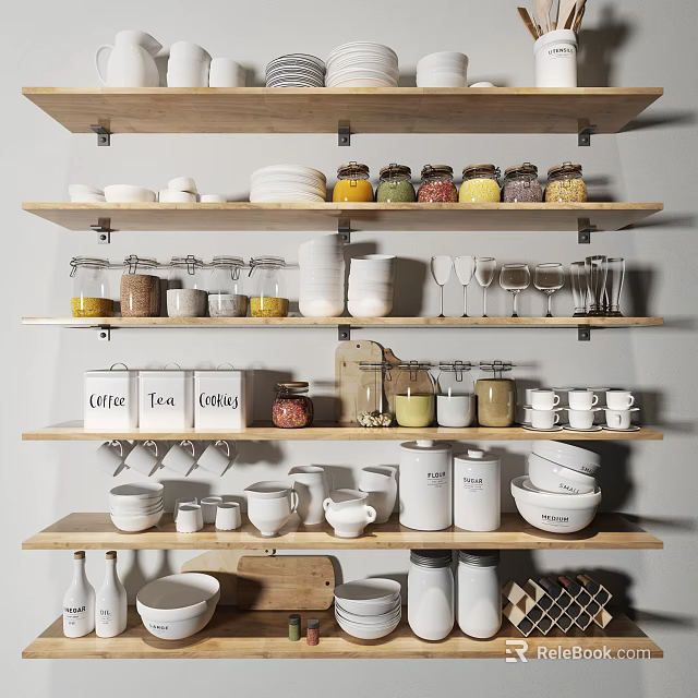 Kitchen Tableware Set Display On Wooden Shelves With Bowls Cups Glasses Coffee Tea Sugar Jars 3d model 